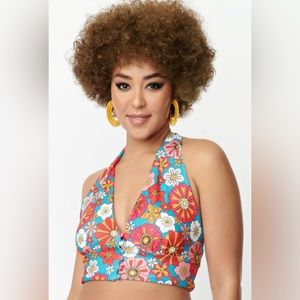 Unique Vintage: Smak Parlour Turquoise & Pink Floral Feelin Groovy Crop Top